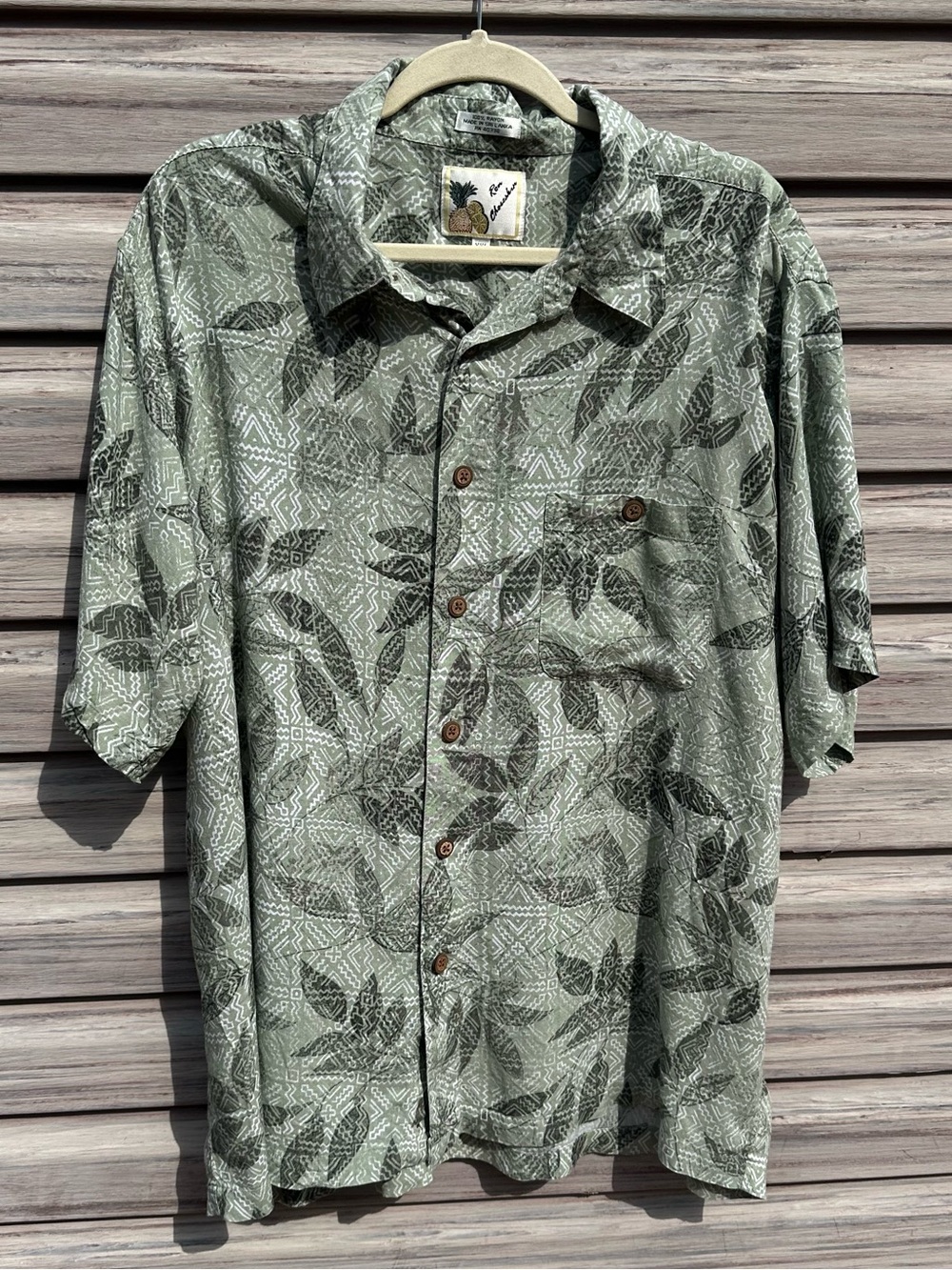 90s Ron Chereskin Hawaiian Shirt Mens XXL Rayon Green Geometric Leaf Aloha